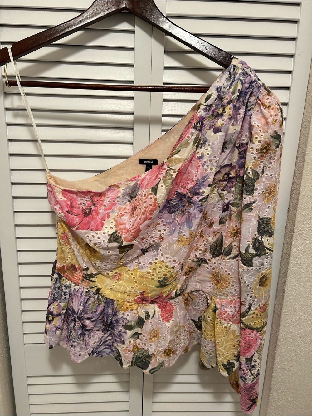 Express Floral Eyelet One-Shoulder Top - Pink, Yellow, Purple Like New Size 12